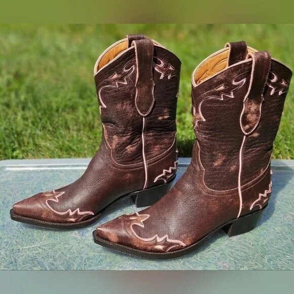 NEW OLD GRINGO Women's Cowboy Brown Leather W/PINK Wingtip Western Boots 7.5 B - Picture 7 of 7